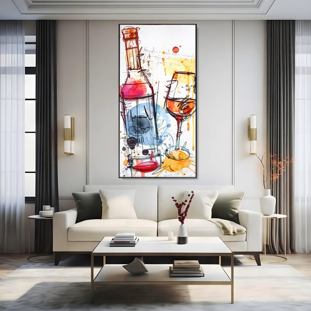 Tablou canvas cu tablou canvas cu sticla si pahar de vin, in rama de aluminiu negru, pe perete intr-un living